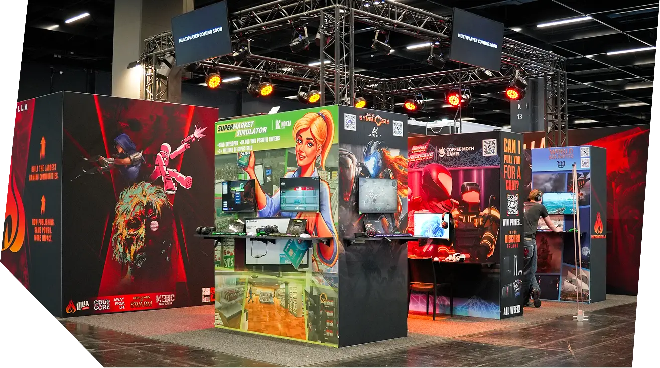 Video game exhibition booths with vibrant game posters and monitors for Super Market Simulator and others.