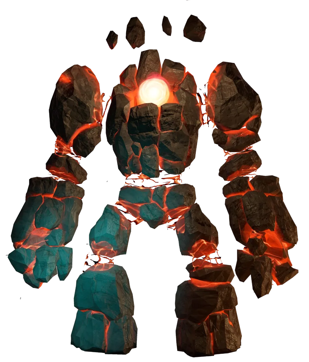 Rock golem figure with glowing lava cracks and a bright core at its center.