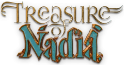 Title Treasure of Nadia in stylized gold and blue medieval font on black background.