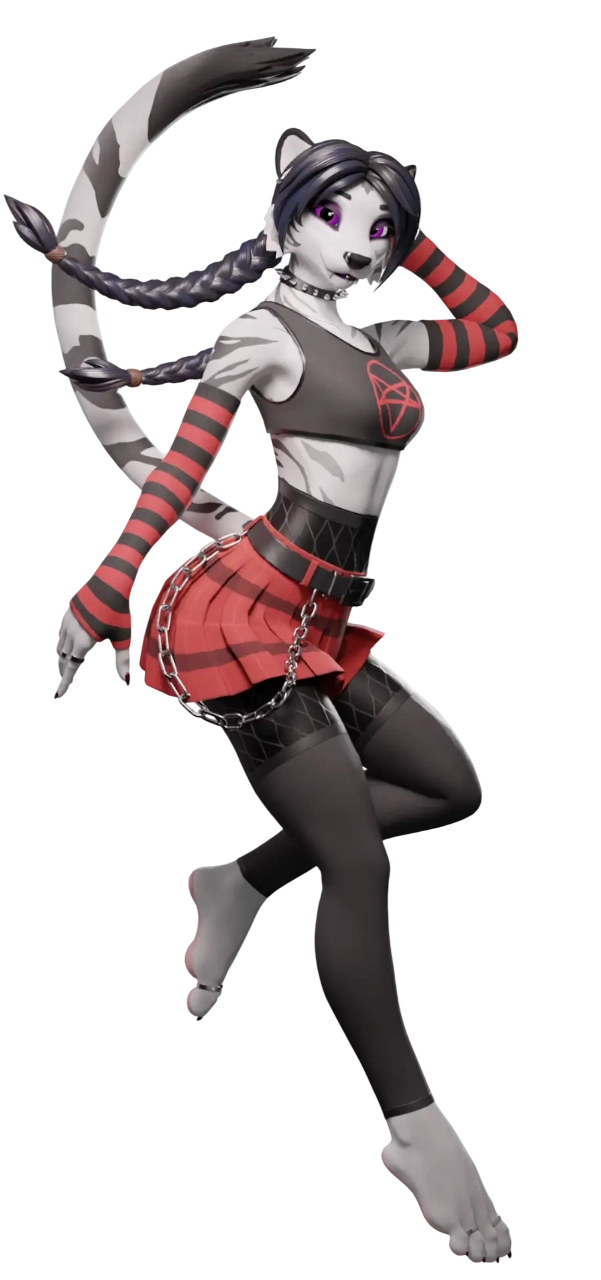 Anthropomorphic feline character with braided hair, striped tail, and wearing punk-inspired red and black clothes.