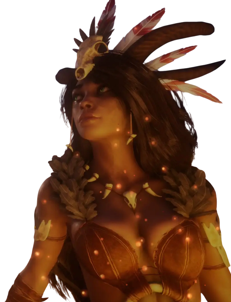 Woman with feathers and skull headdress wearing tribal-style clothing with glowing embers around her.