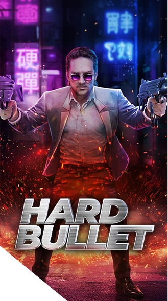 Man wearing sunglasses and a suit holding two guns with neon signs and fire sparks around him.