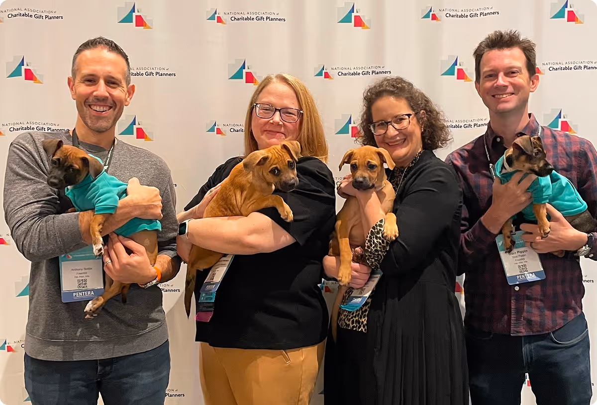 Four FreeWill employees holding puppies