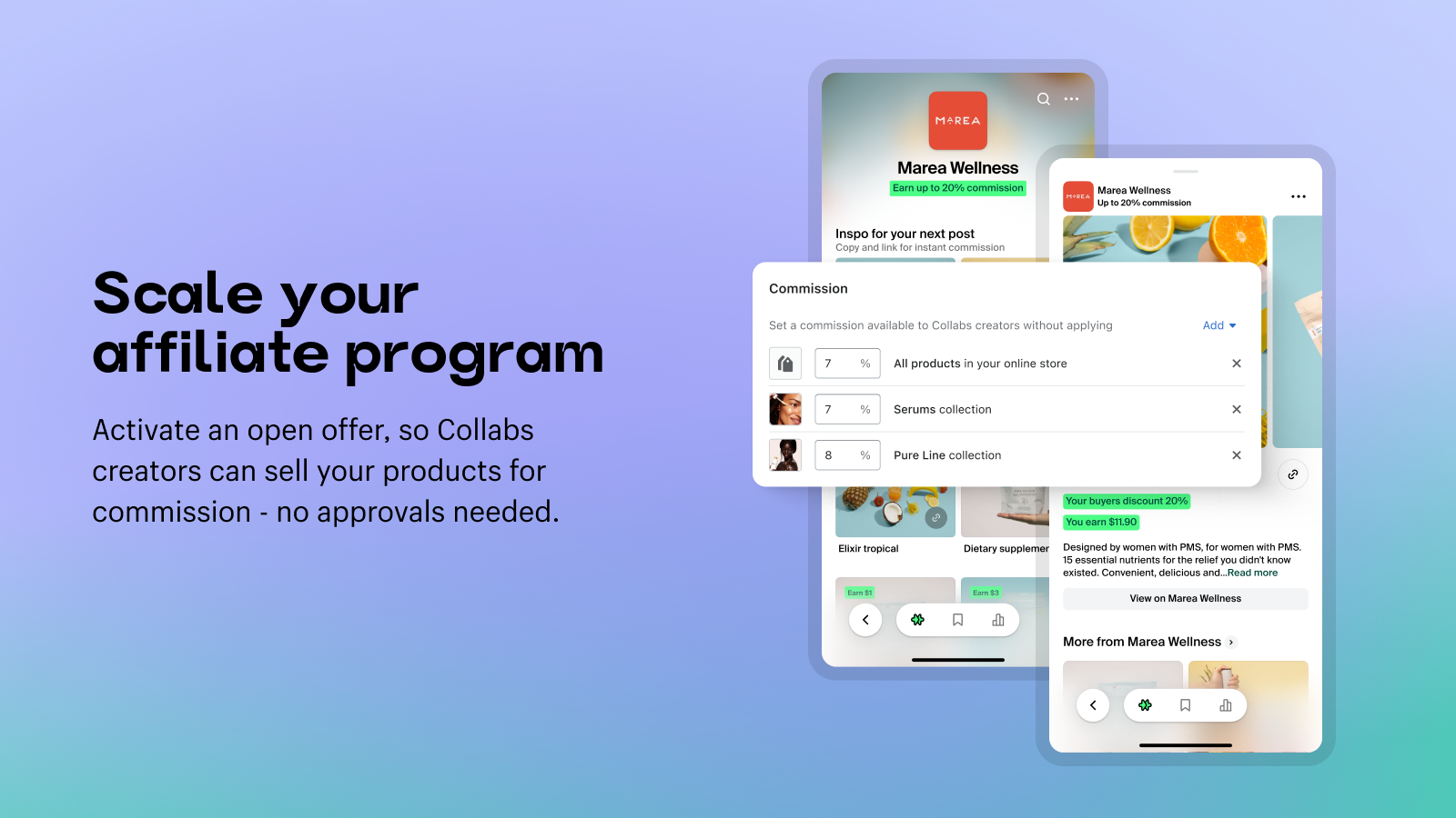 Pantalla de Shopify Collabs con la configuración de comisiones por producto y por colección