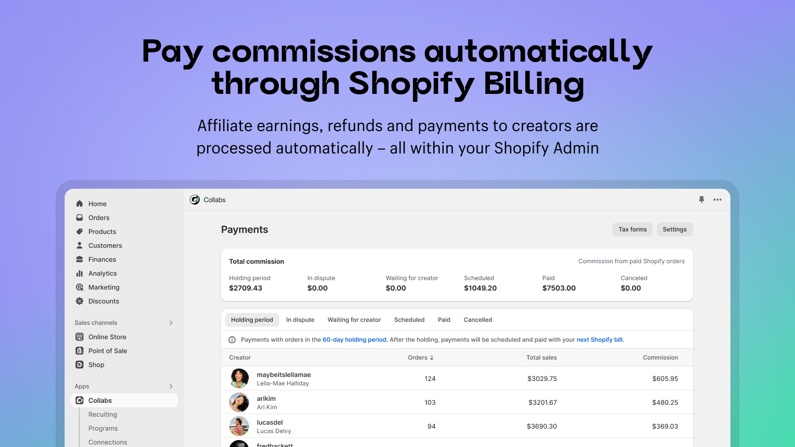 Pantalla de Shopify Collabs con el pago automático de comisiones