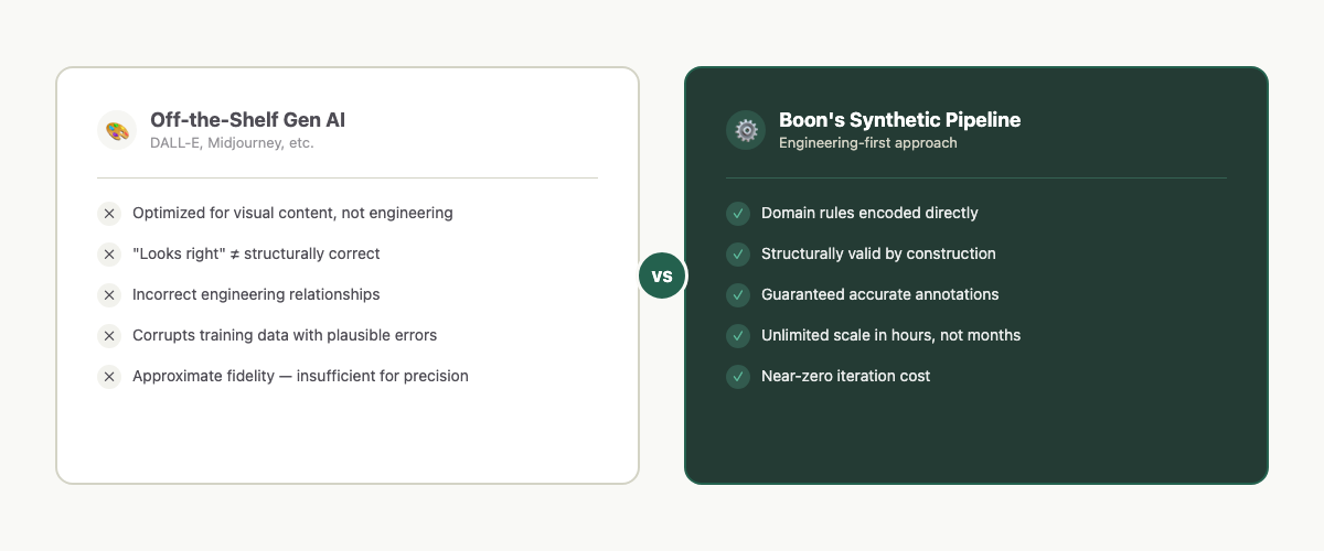 Off-the-shelf generative AI vs Boon's engineering-first synthetic data pipeline