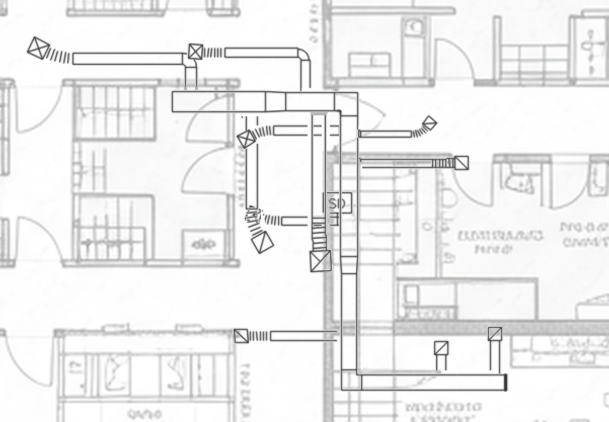 Synthetic plan showing complex HVAC routing