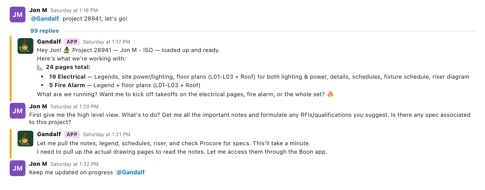 Gandalf AI chat session — Jon M kicks off Project 28941 electrical takeoff