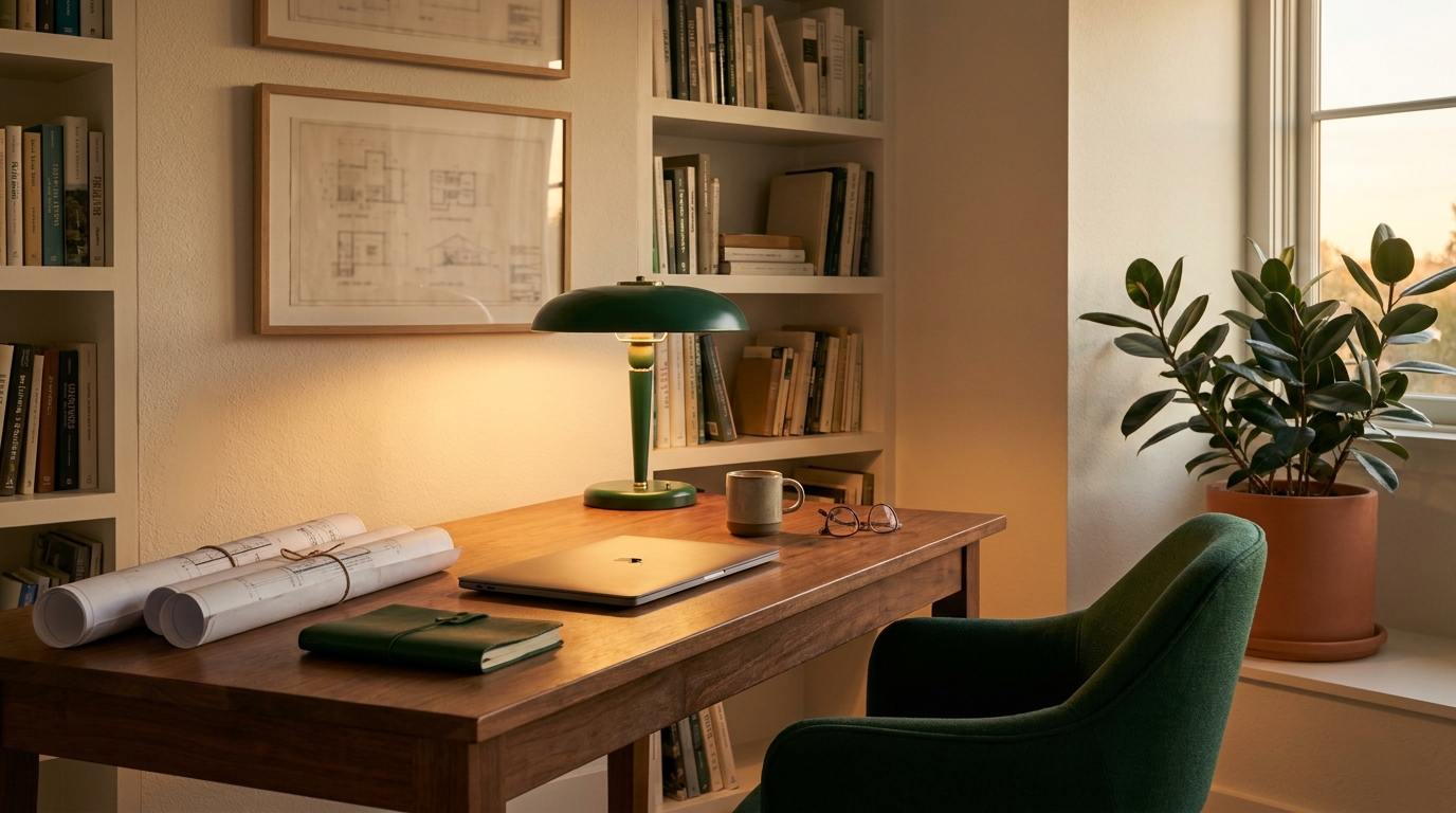 An empty estimator's desk at dusk with the lights still on — a closed laptop, neatly stacked drawing rolls, a coffee mug, a notebook, the chair slightly turned
