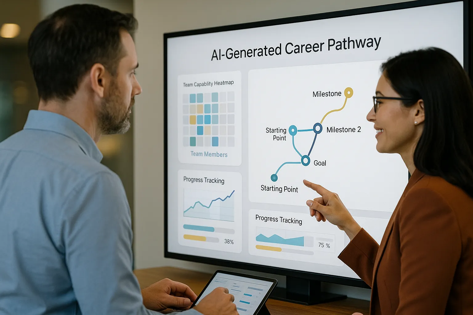 Business professionals collaborating in meeting room, using analytics visuals to plan strategic talent development