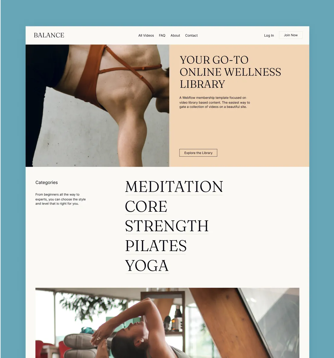 Website homepage for BALANCE, featuring a woman in workout attire bending over, wellness category links for meditation, core, strength, pilates, and yoga, and a second image of a woman stretching indoors.