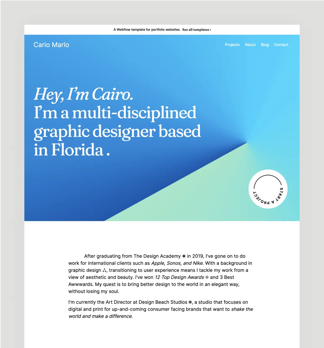 Portfolio website homepage with blue and green gradient background, introducing Cairo Marlo, a multi-disciplined graphic designer based in Florida.