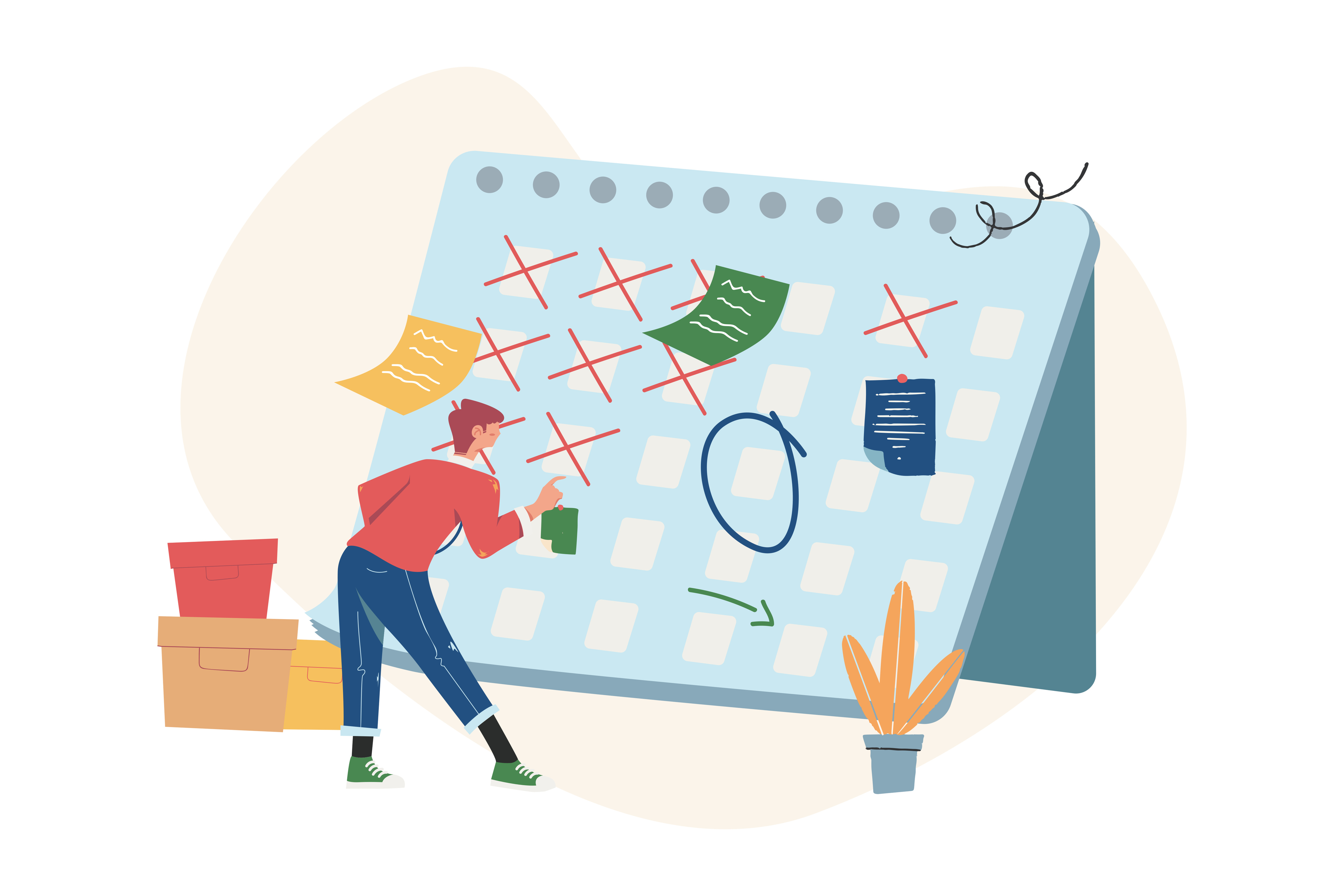 Illustration of a man holding a green cup looking at a large desk calendar with several days crossed out and notes attached.