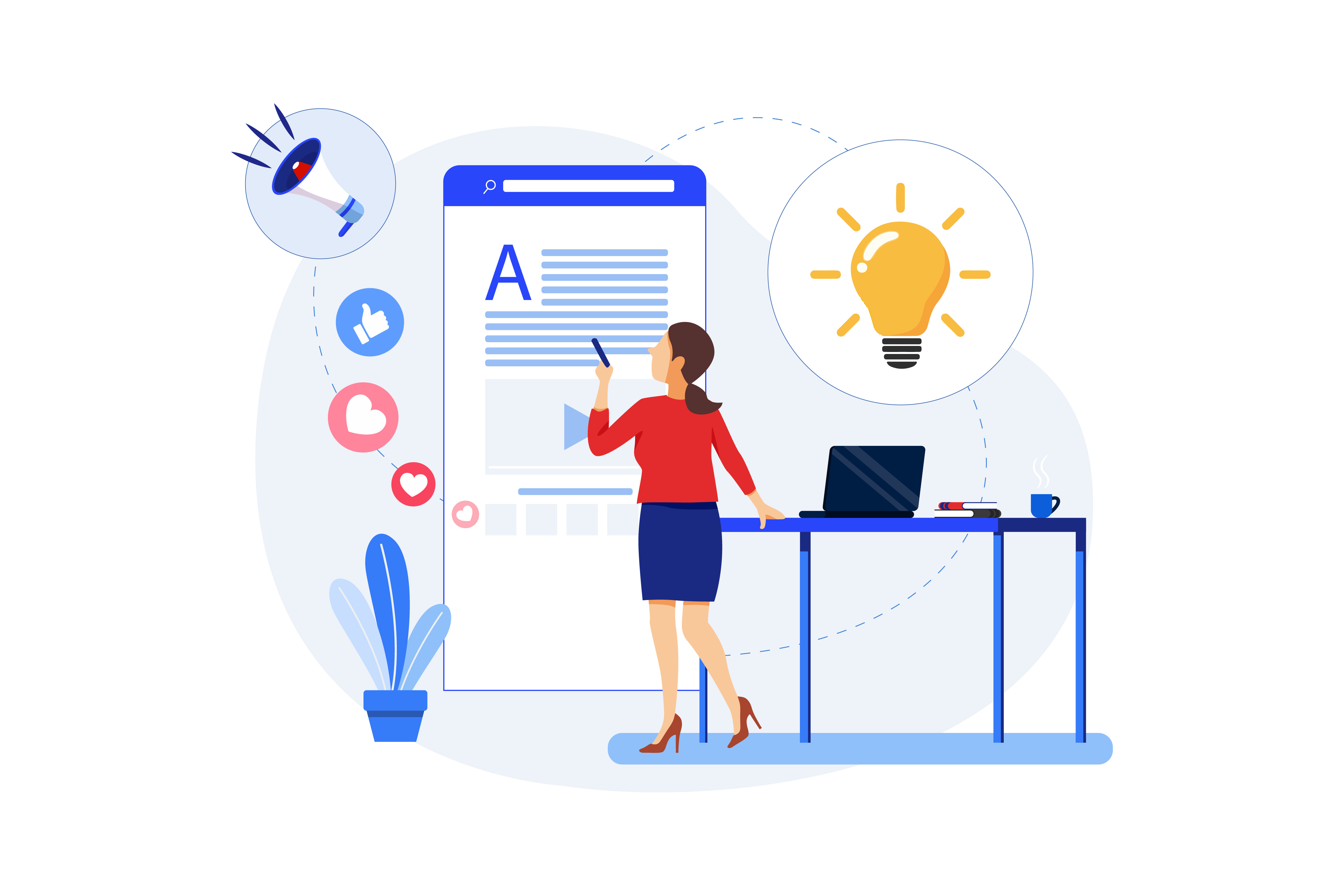 Woman in red blouse and blue skirt pointing at a large screen with social media icons, light bulb, and a laptop on a nearby table.