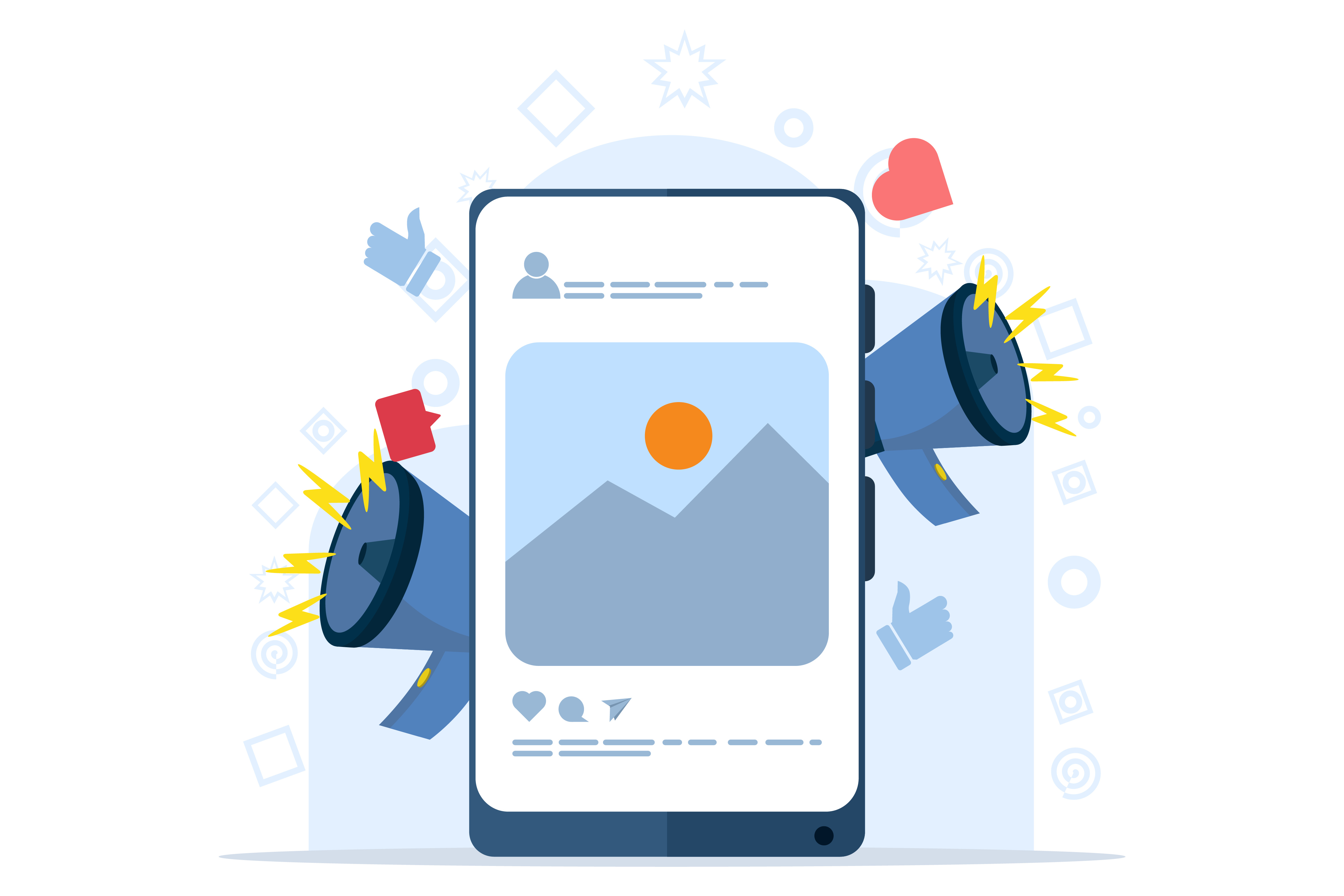 Illustration of a smartphone displaying a social media post with mountains and sun, surrounded by megaphones and social media icons like hearts and thumbs-up.
