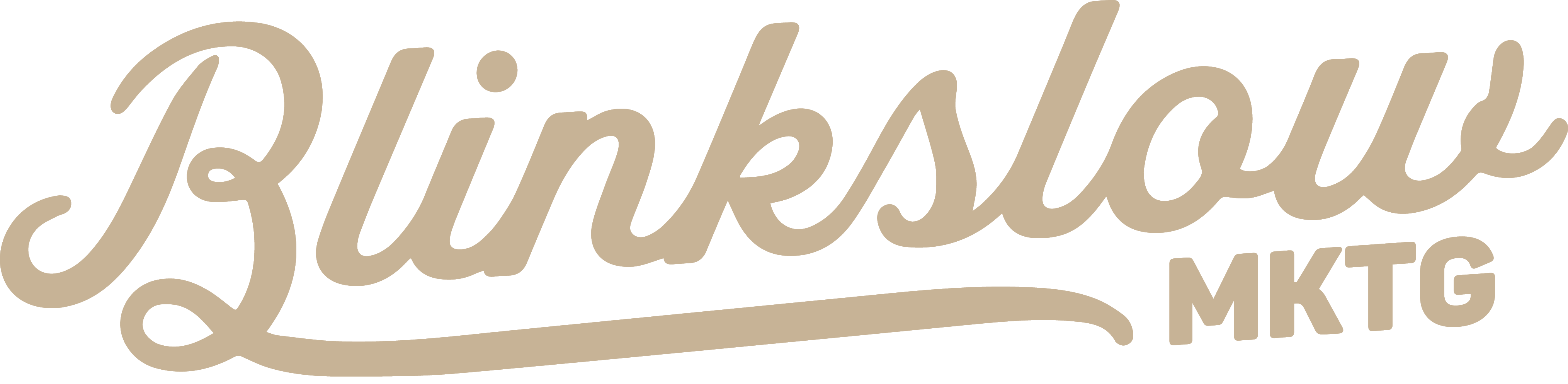 Tan-colored cursive text spelling 'Blinkslow' with 'MKTG' in block letters below the end.
