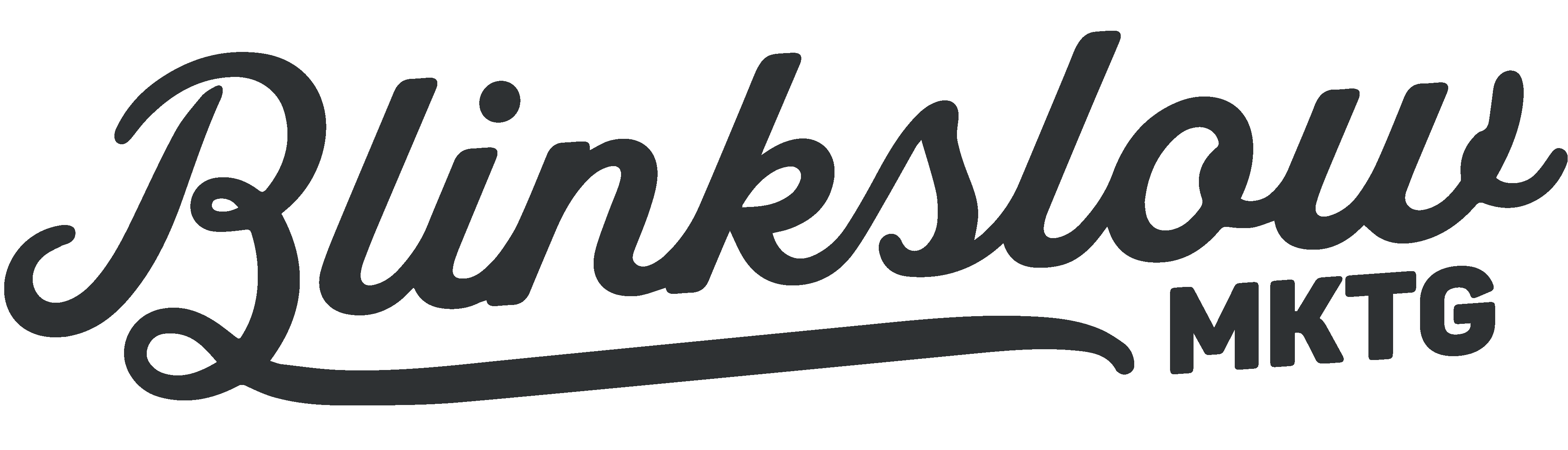 Blinkslow MKTG wordmark in stylized cursive font with a swoosh underline.