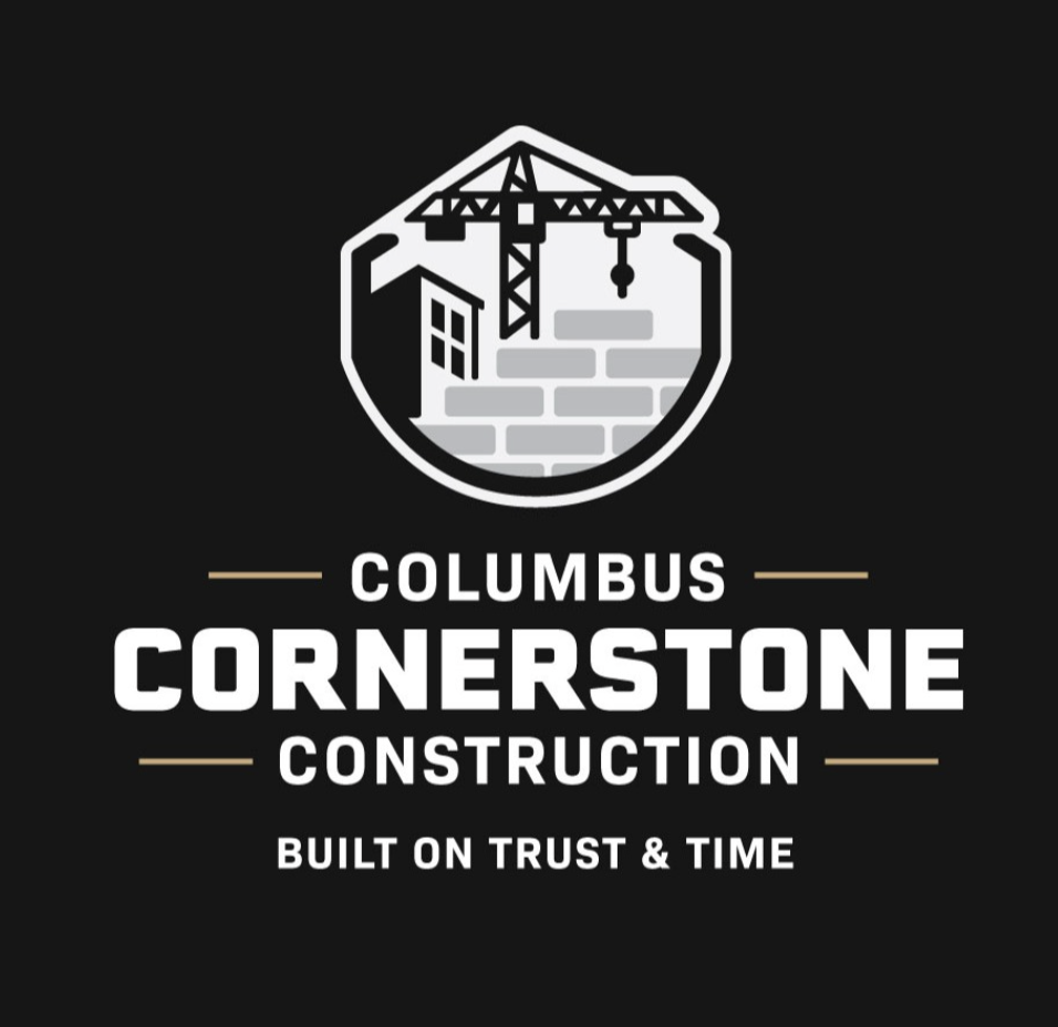 Columbus Cornerstone Construction logo featuring a crane lifting bricks above a building wall with the slogan 'Built on trust & time'.