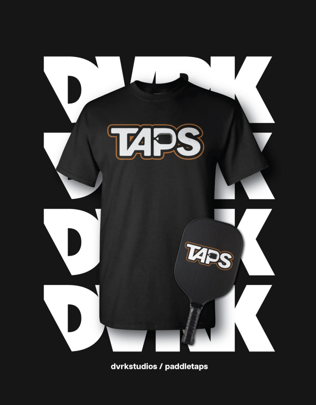 Black t-shirt and pickleball paddle both featuring the TAPS logo with white letters outlined in orange and gray on a black background with large white DVRK text.