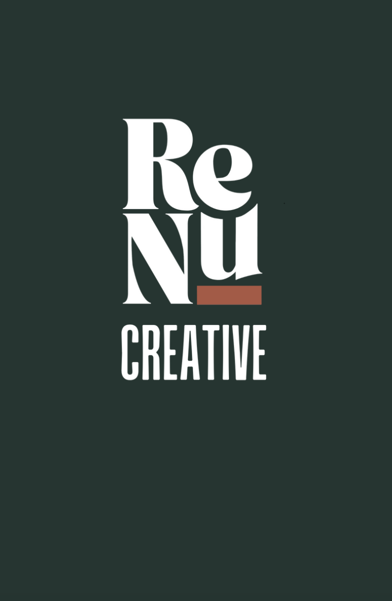 Logo with white bold text 'ReNu' stacked and 'CREATIVE' below on dark green background with a small rust-colored rectangle under the 'u'.