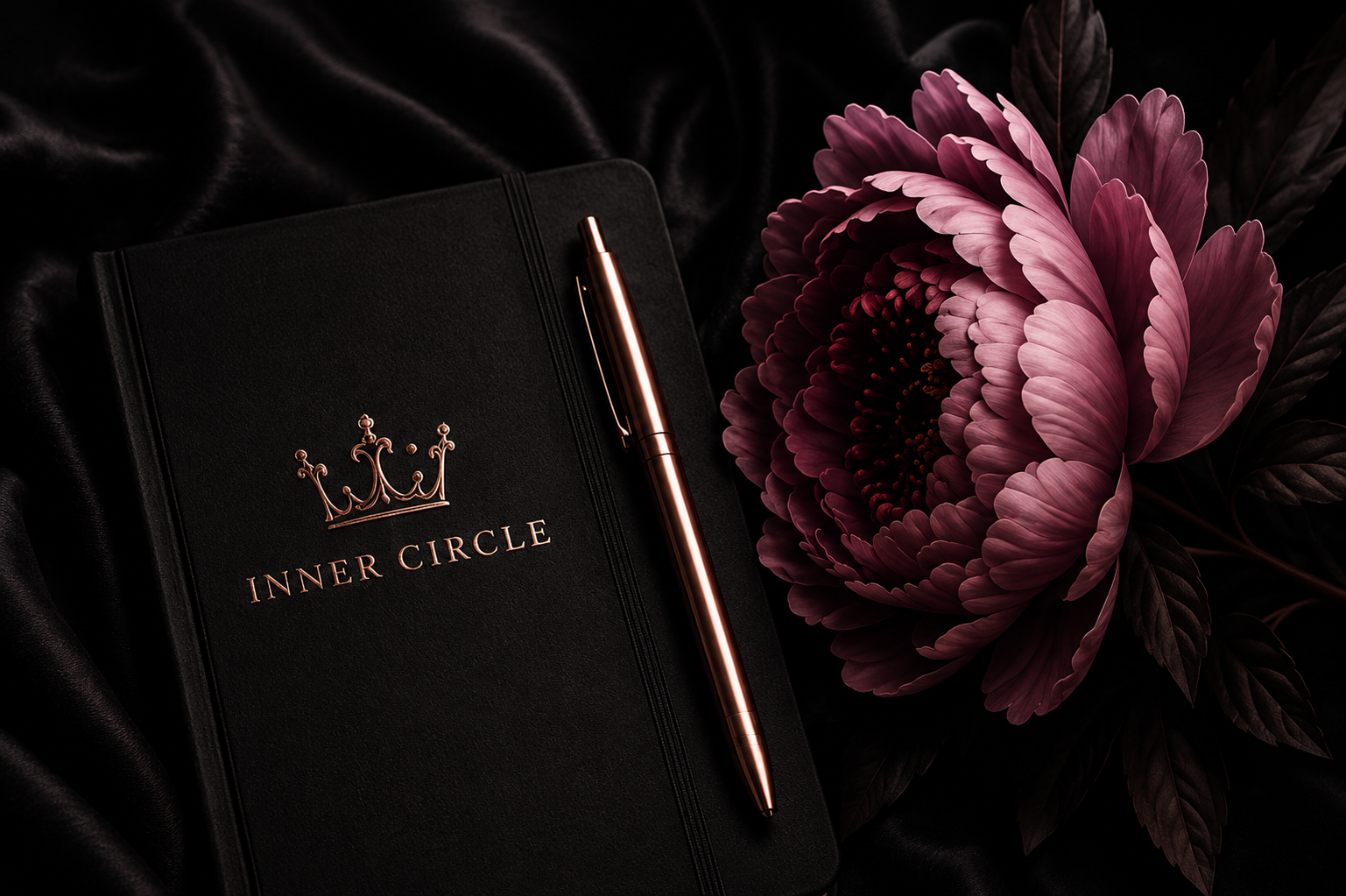 Inner Circle journal beside a deep blush flower
