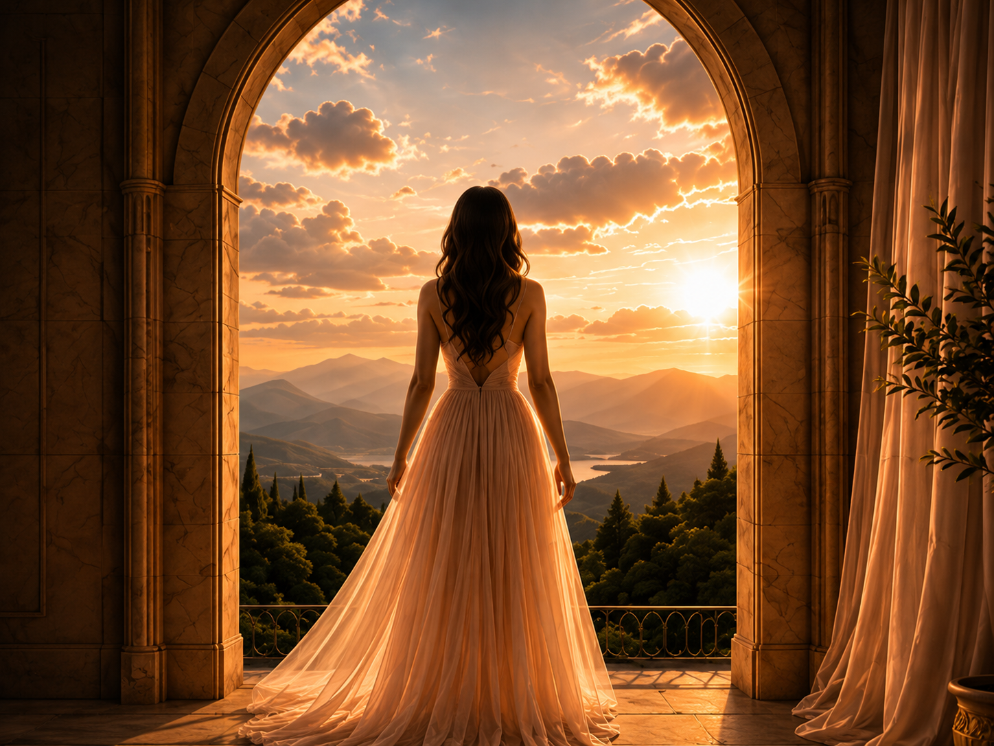 Woman standing beneath an archway looking toward a glowing landscape