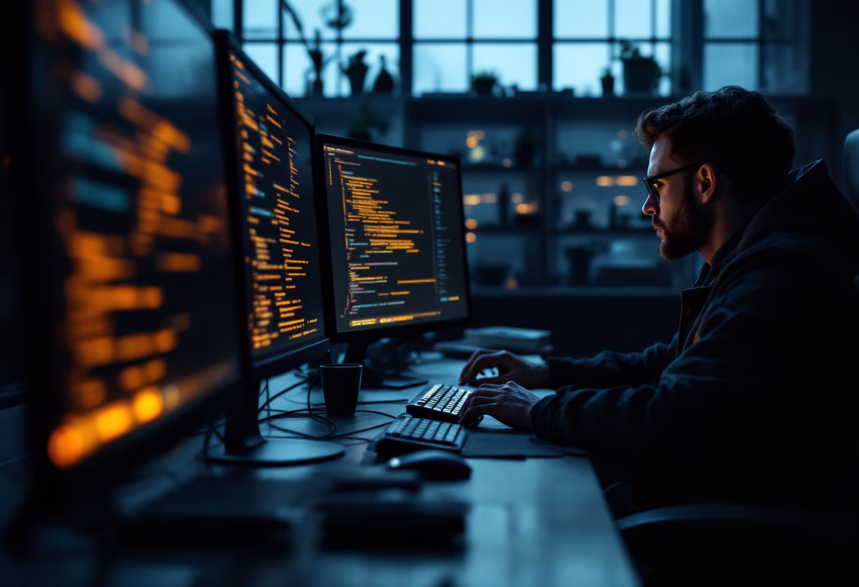 [background image] image of a modern ai lab with computers illuminated by code (for a ai fintech company)