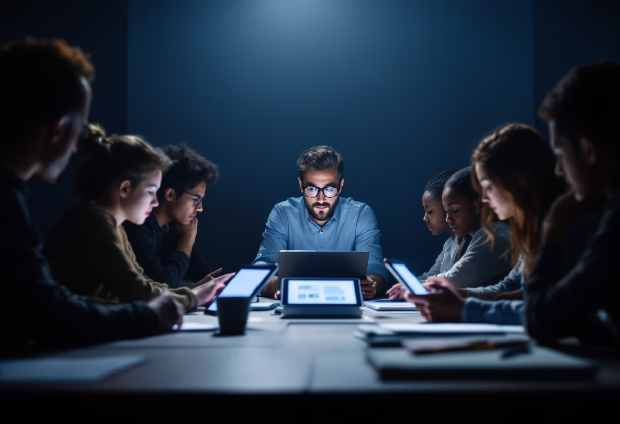 image of a teacher interacting with students using digital tools (for an edtech)