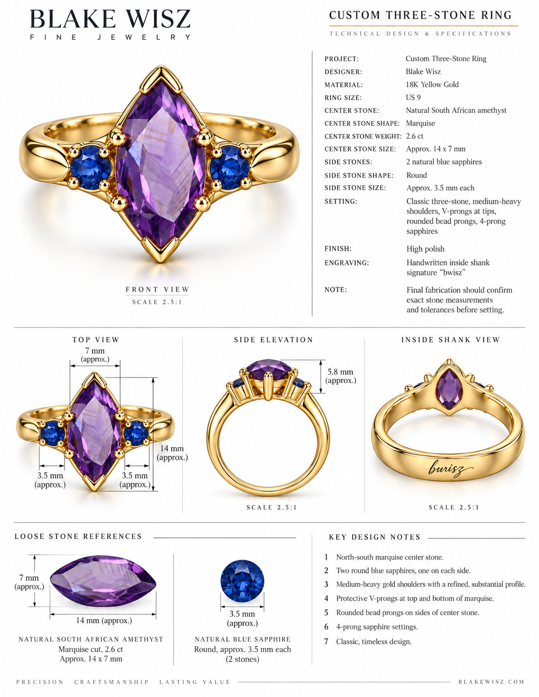 Custom three-stone ring: marquise amethyst with two round blue sapphires in 18K yellow gold, front view render