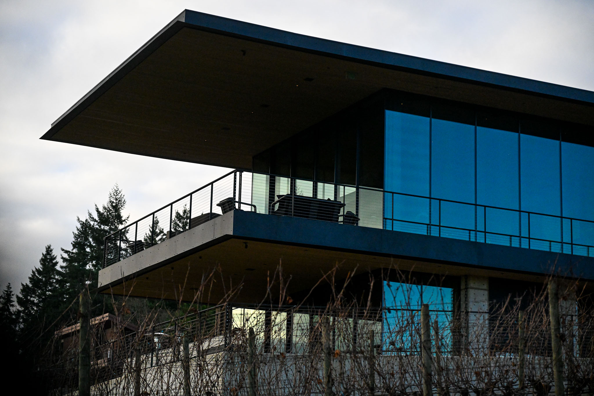 A dramatic cantilevered roof extends over the glass upper terrace at LucidWild Estate