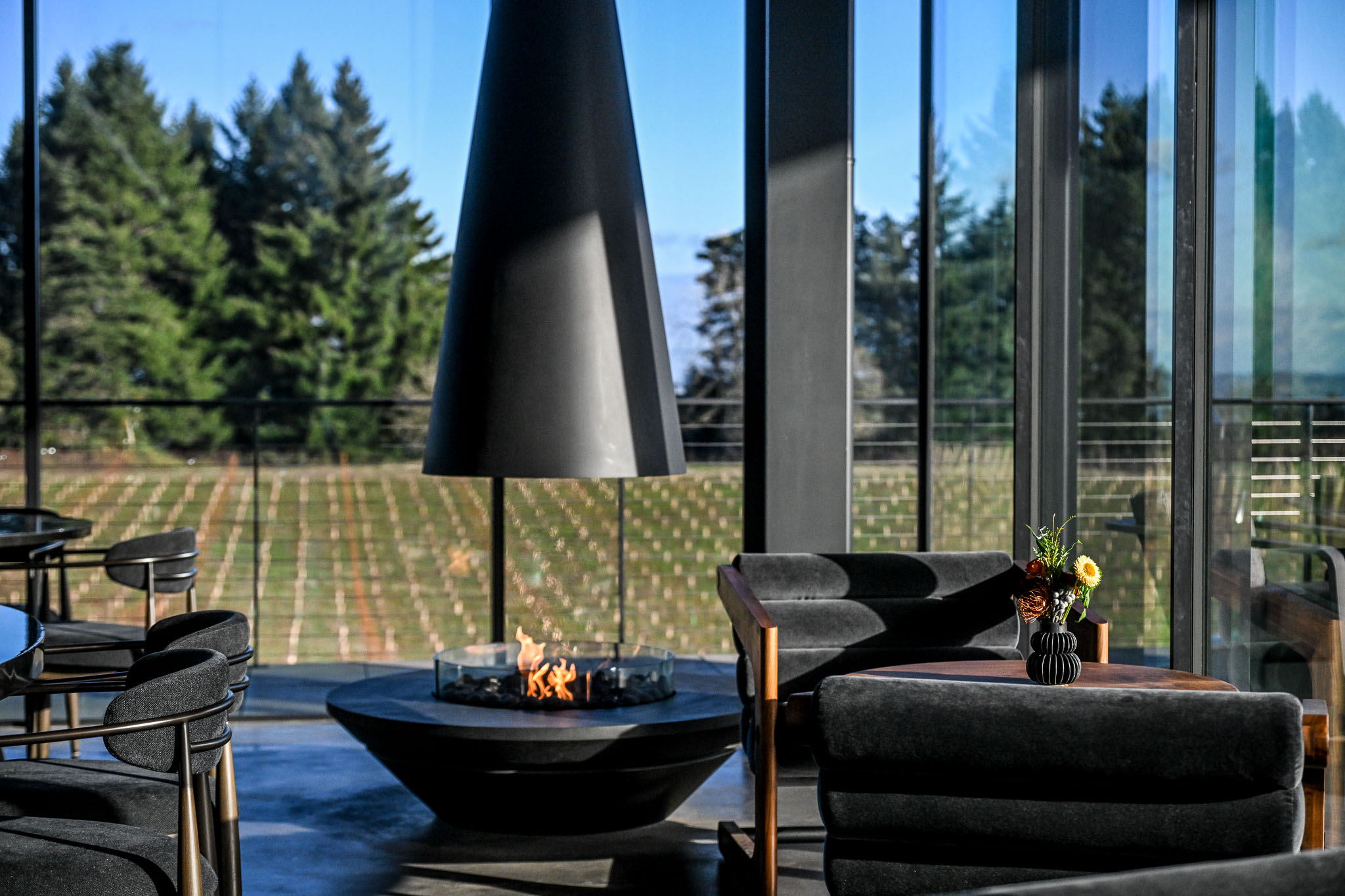 Black cone fireplace and lounge chairs with vineyard views through the glass wall