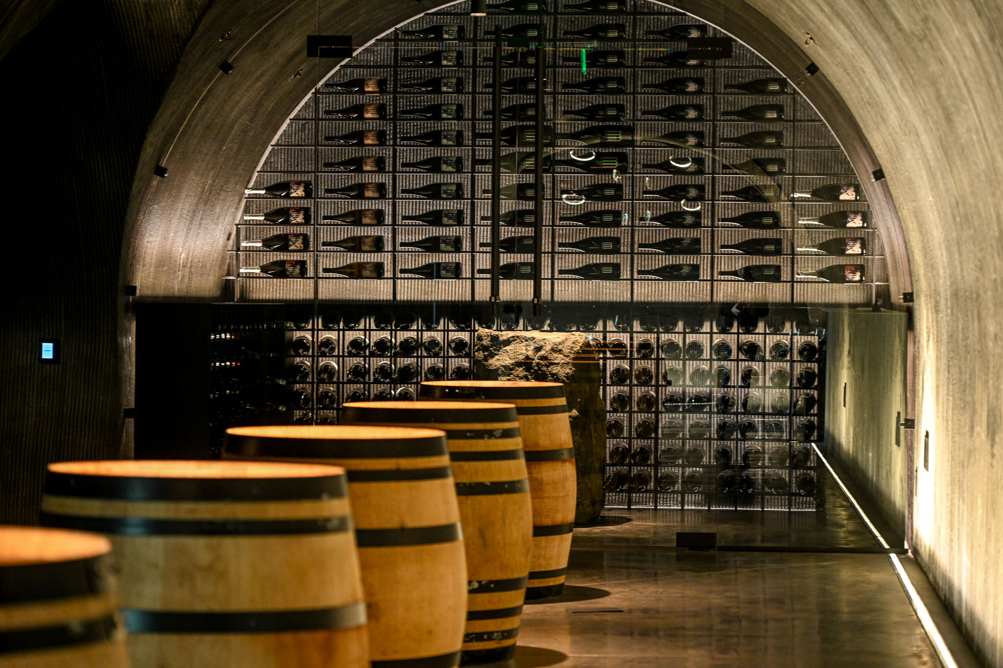 Oak barrels line a vaulted cave passage toward racked bottle storage at LucidWild Estate