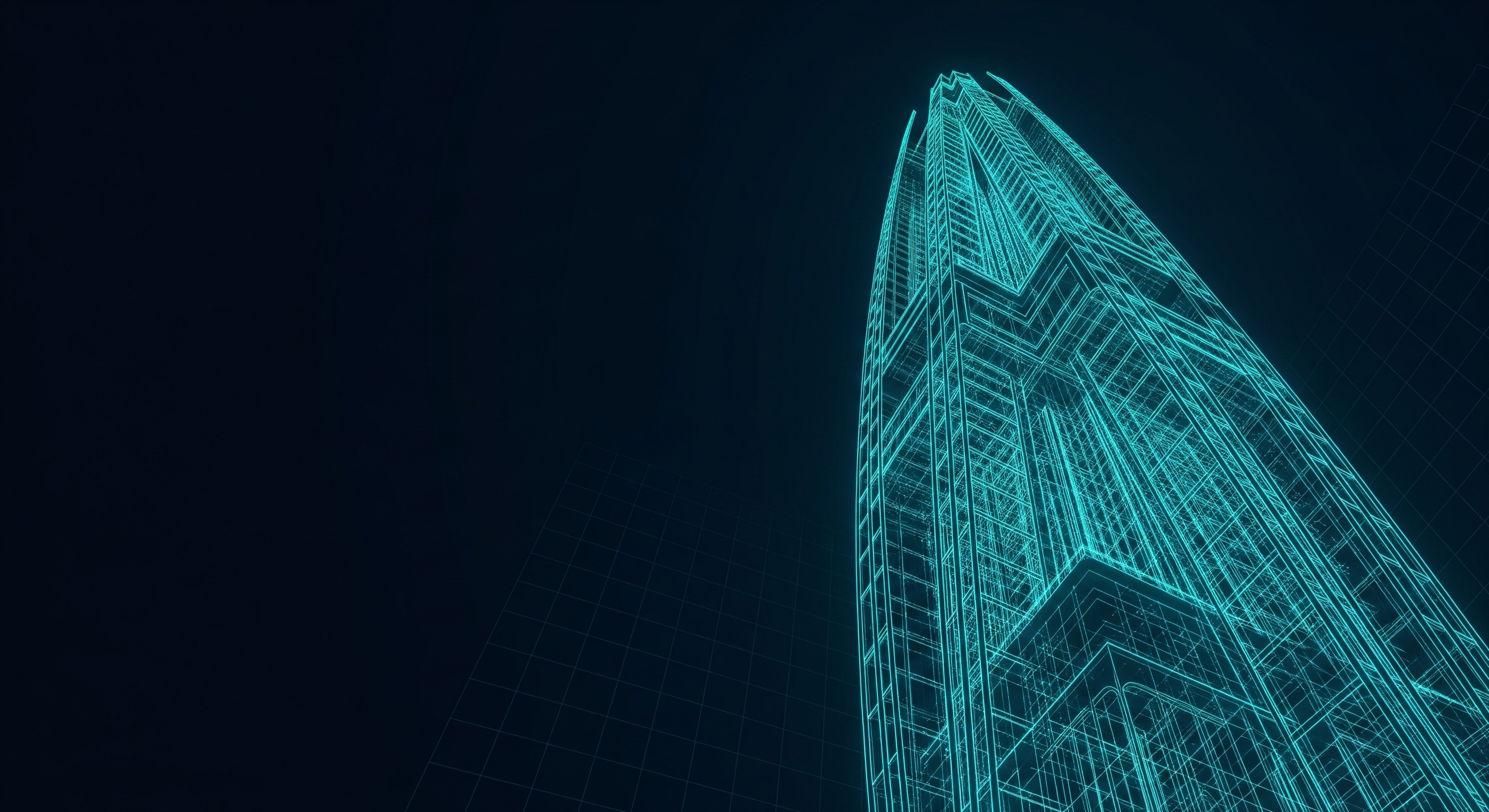 Çözüm Atölyesi'nin işletmeler için tasarladığı öngörülebilir büyüme sistemini simgeleyen, havada inşa edilen parlak ve modern bir mimari proje hologramı.