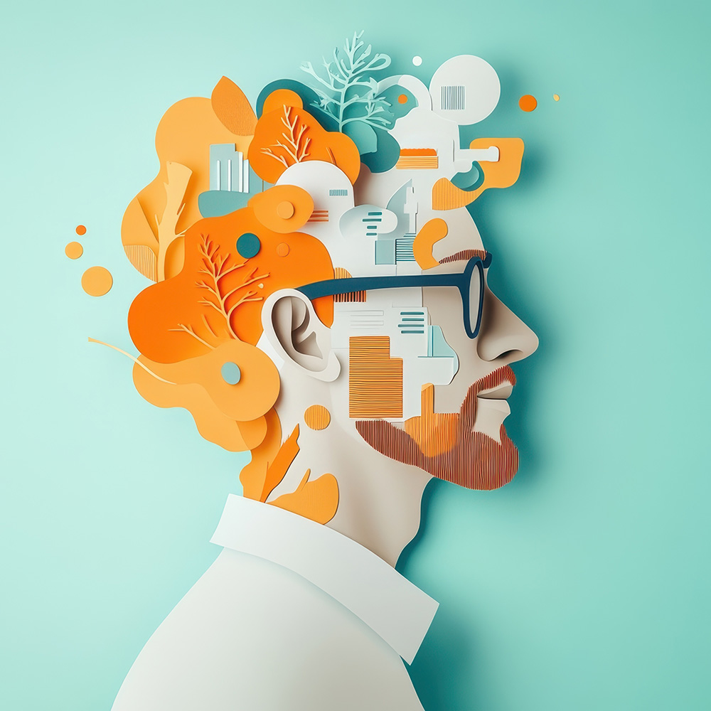 An illustration of a man's side portrait with thoughts and ideas exploding from his mind