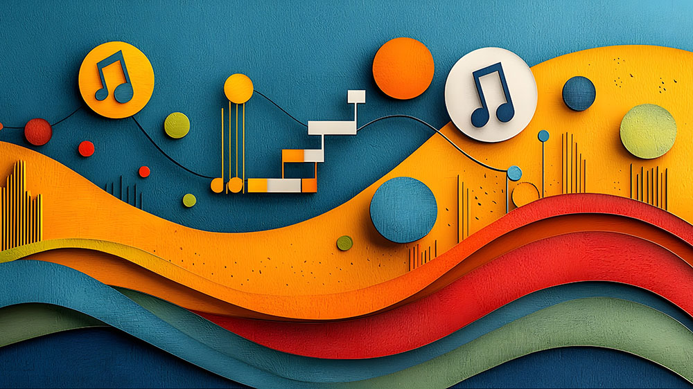 Abstract illustration of musical notes and timelines eminating from a flow