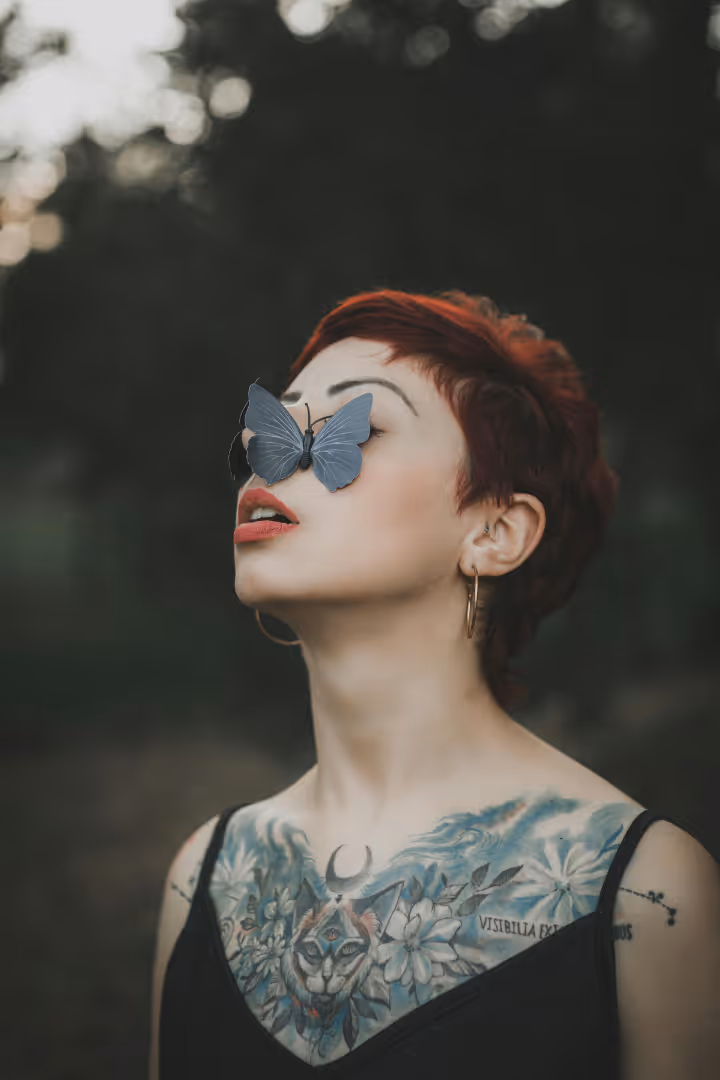 A woman with a butterfly on her face like an AI fractional CMO or contract digital marketer