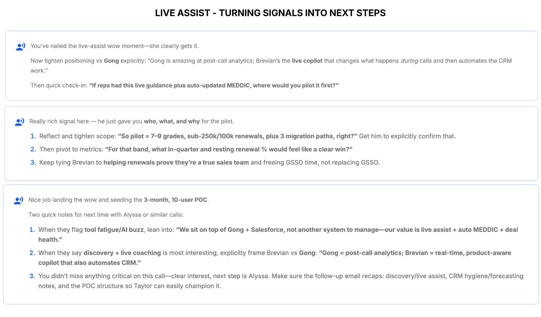 Text boxes with guidance on live assist sales strategy, comparisons to Gong, and next steps for pilot and POC.