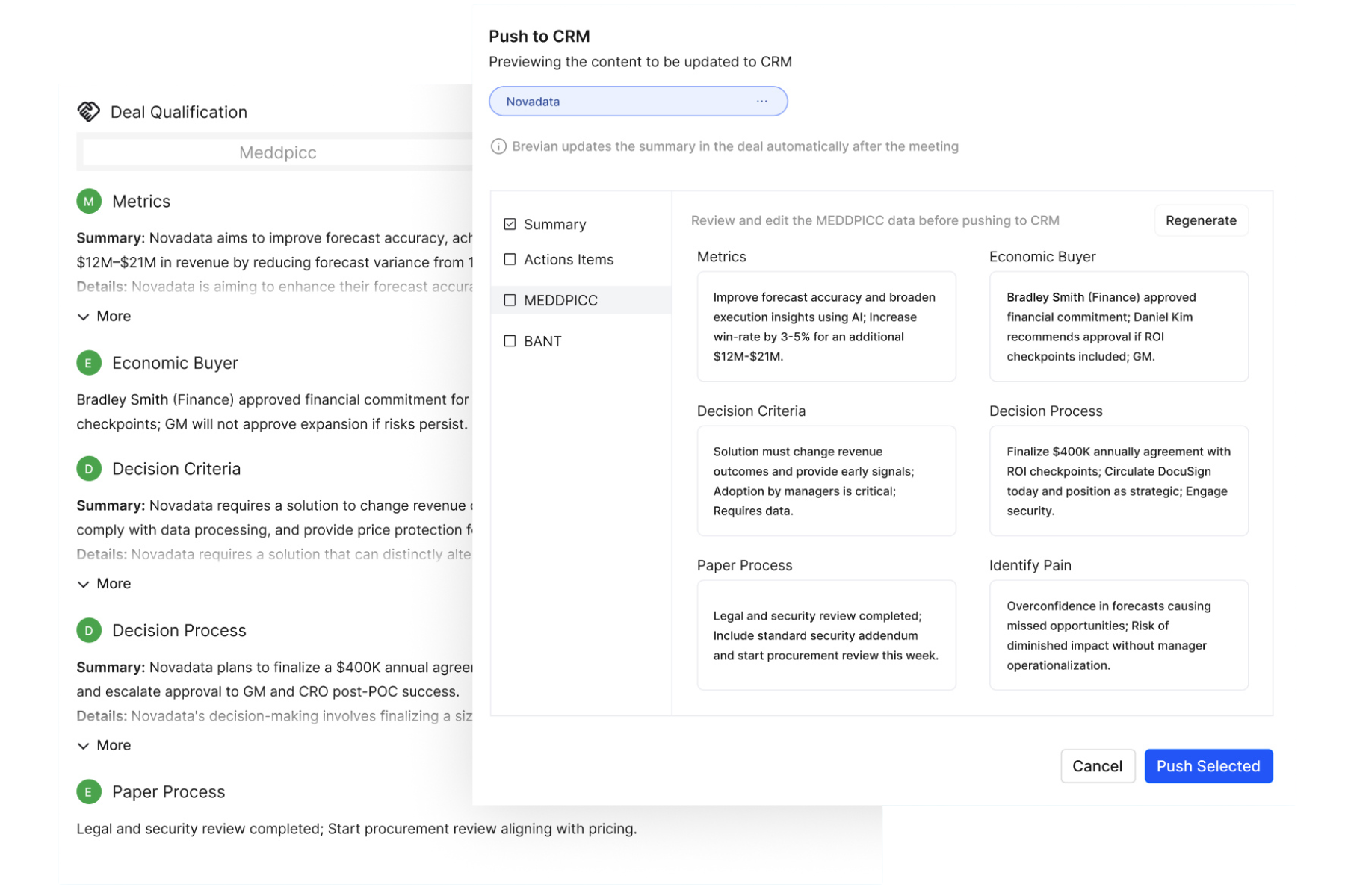 CRM interface showing MEDDPICC deal qualification with metrics, decision criteria, and economic buyer details.