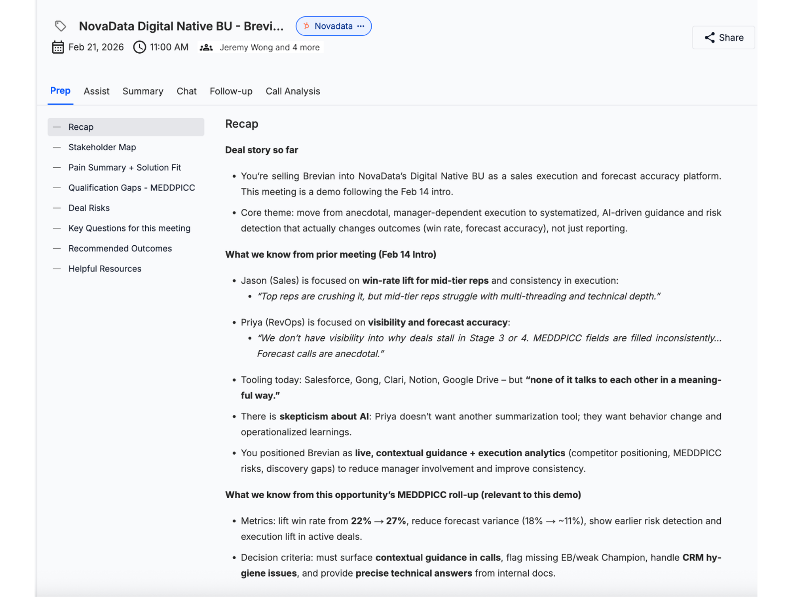 Meeting prep screen for NovaData Digital Native BU with recap, deal story, prior meeting notes, and MEDDPICC analysis.