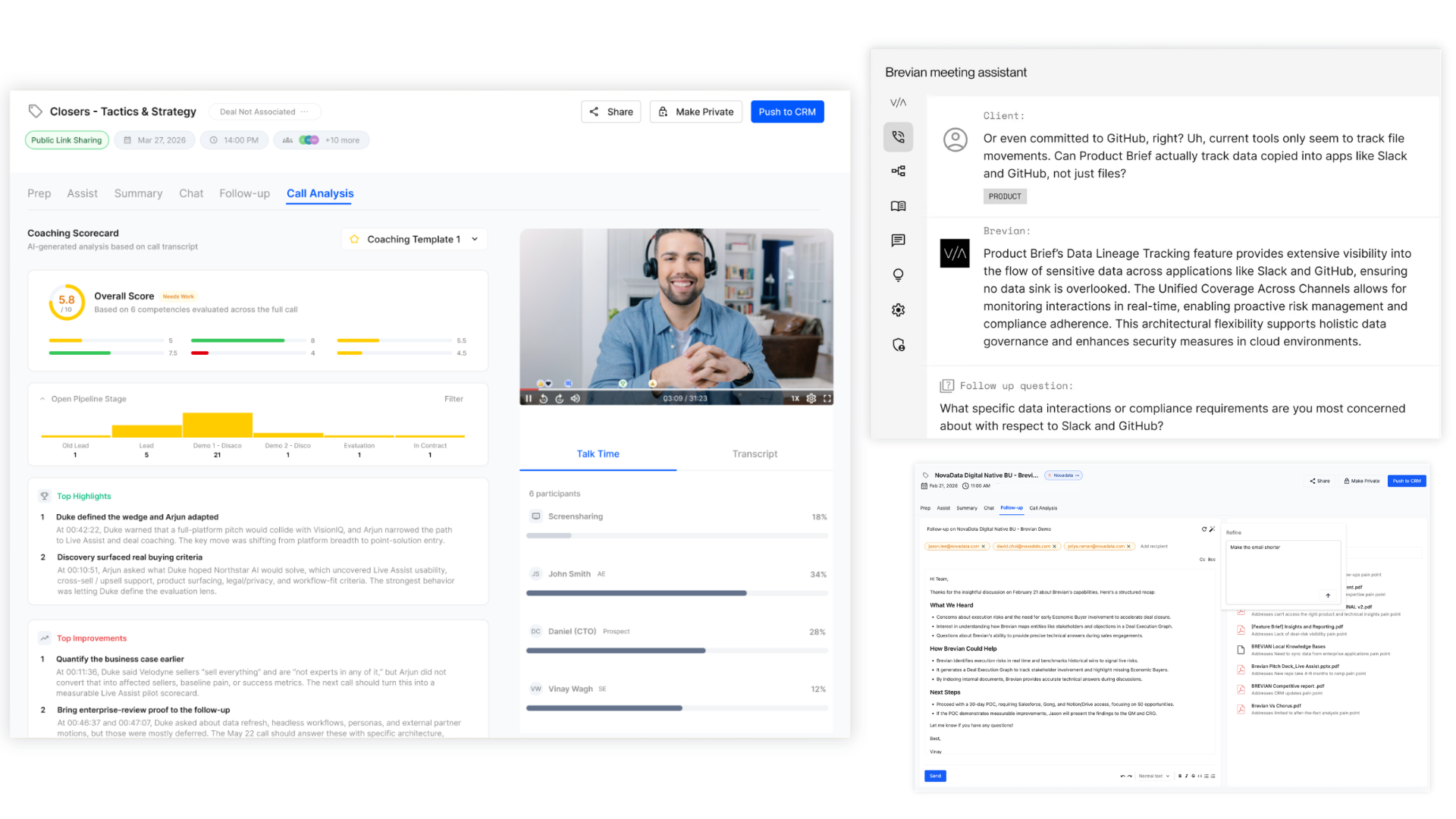 Screenshot of a call analysis platform with coaching scorecard, video call, meeting assistant, and follow-up email draft.
