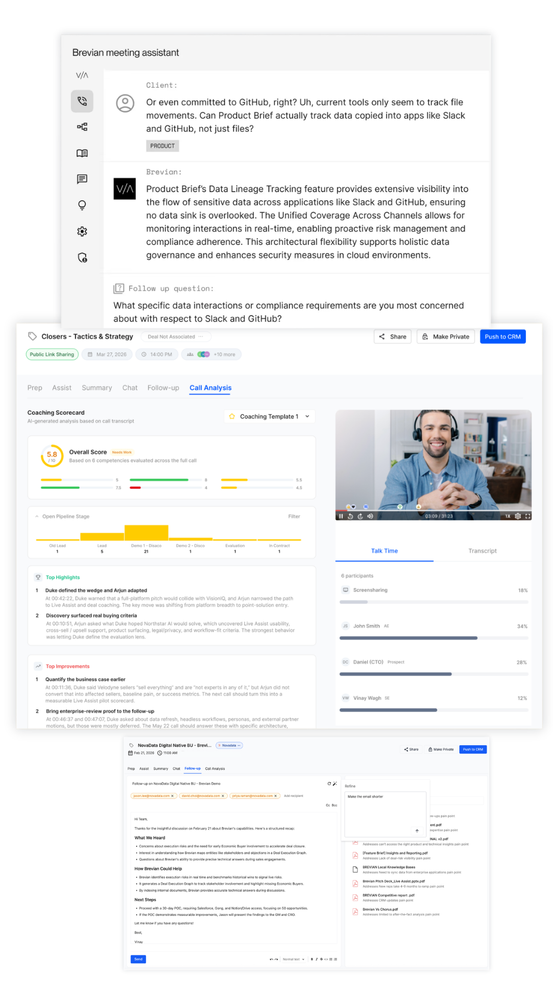 User interface showing Brevian meeting assistant with client chat, coaching scorecard, call analysis, and email follow-up.