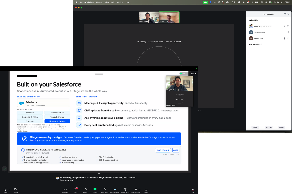 Screenshot of a call analysis platform with coaching scorecard, video call, meeting assistant, and follow-up email draft.