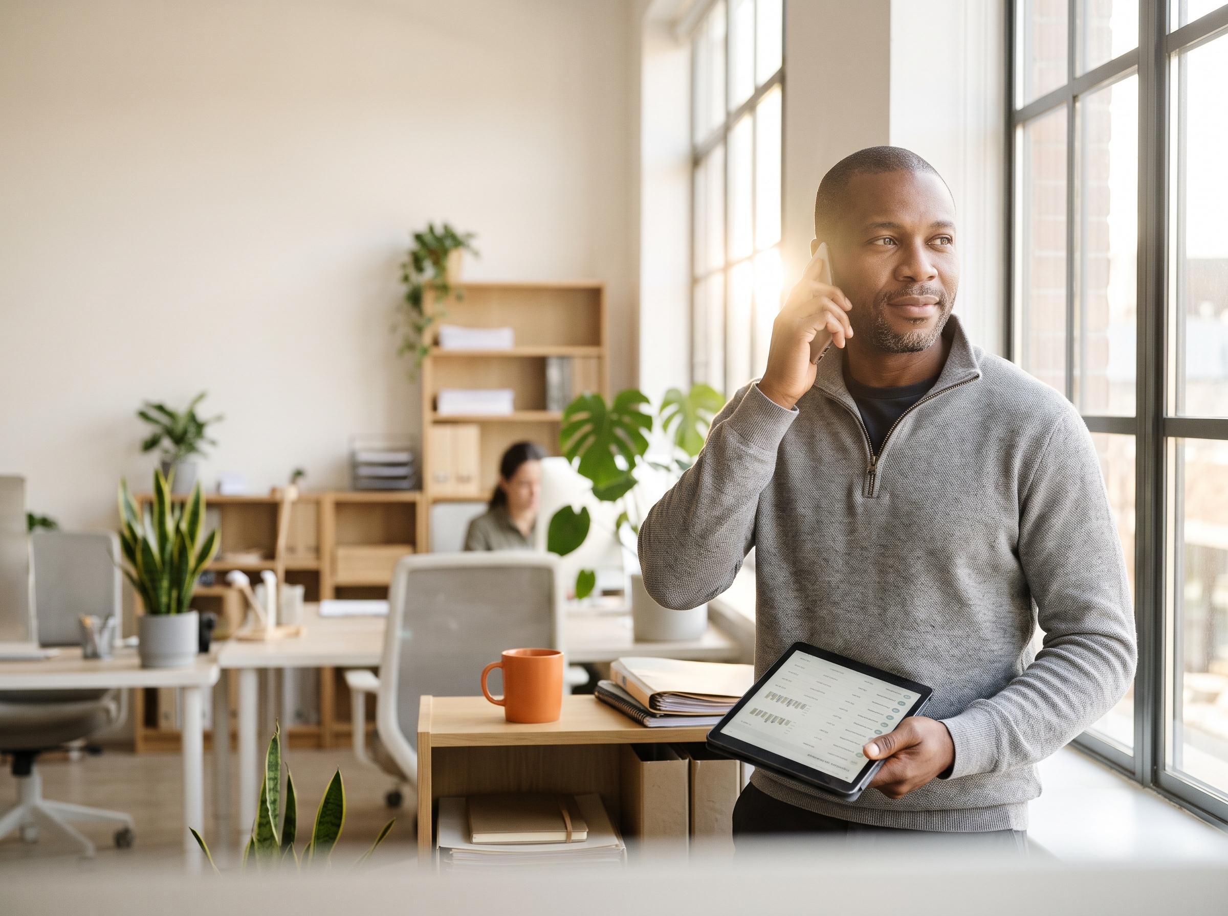 AR manager standing near a window on a phone call, holding a tablet showing an account list