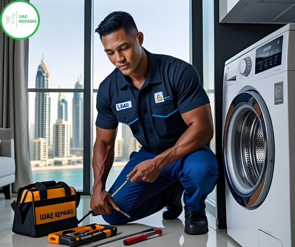 Professional washing machine repair technician fixing a washer