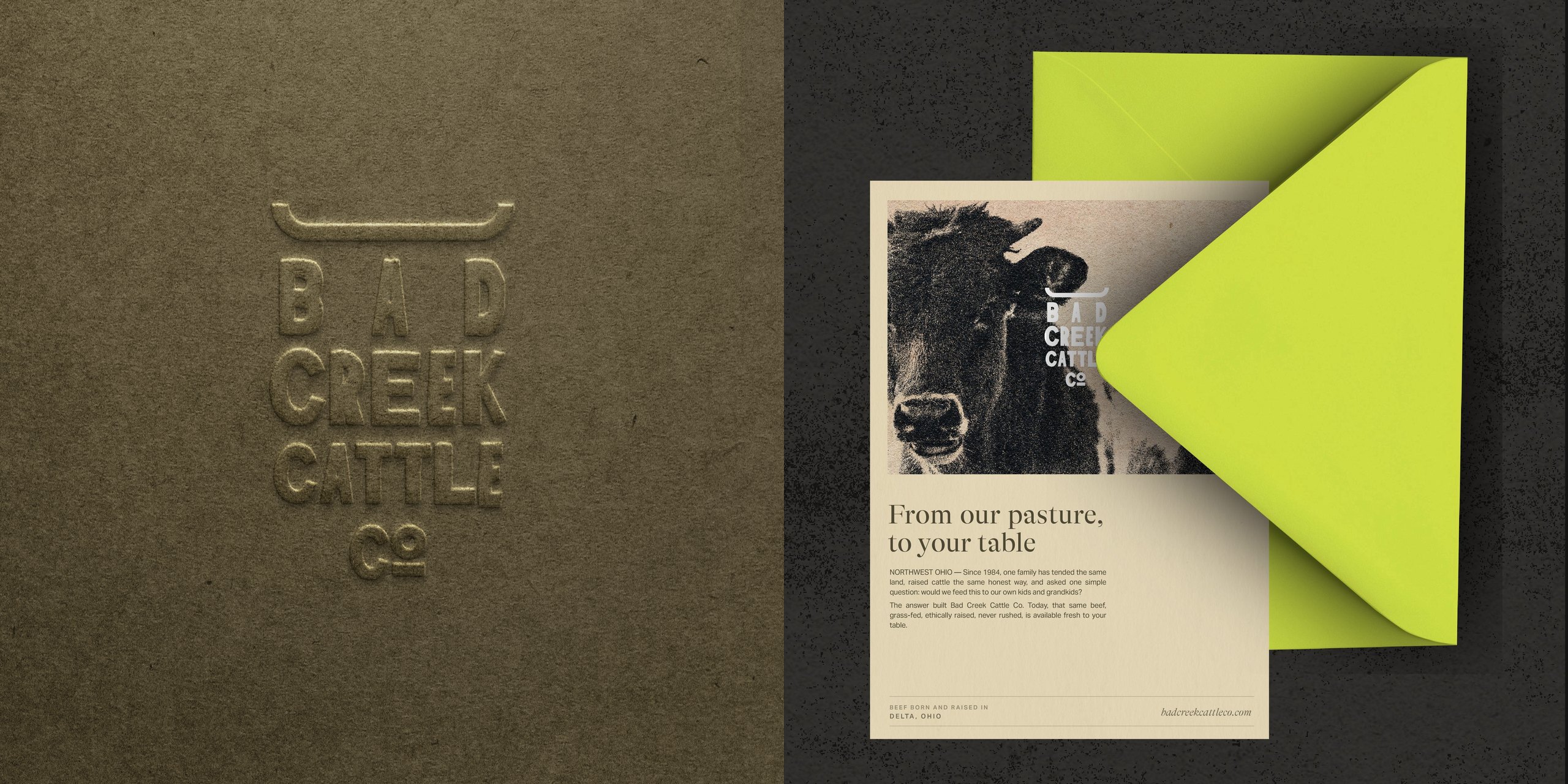Bad Creek Cattle Co embossed logo and direct mail piece