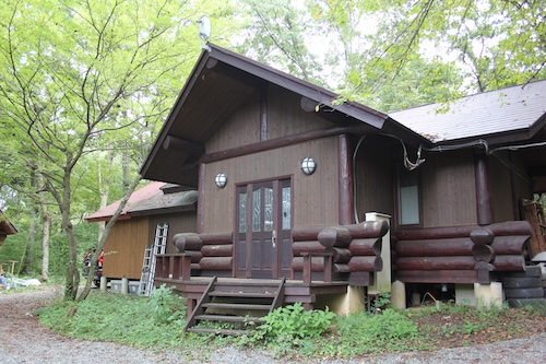 森の中の茶色い木造のログハウスとその周囲の緑豊かな景色。