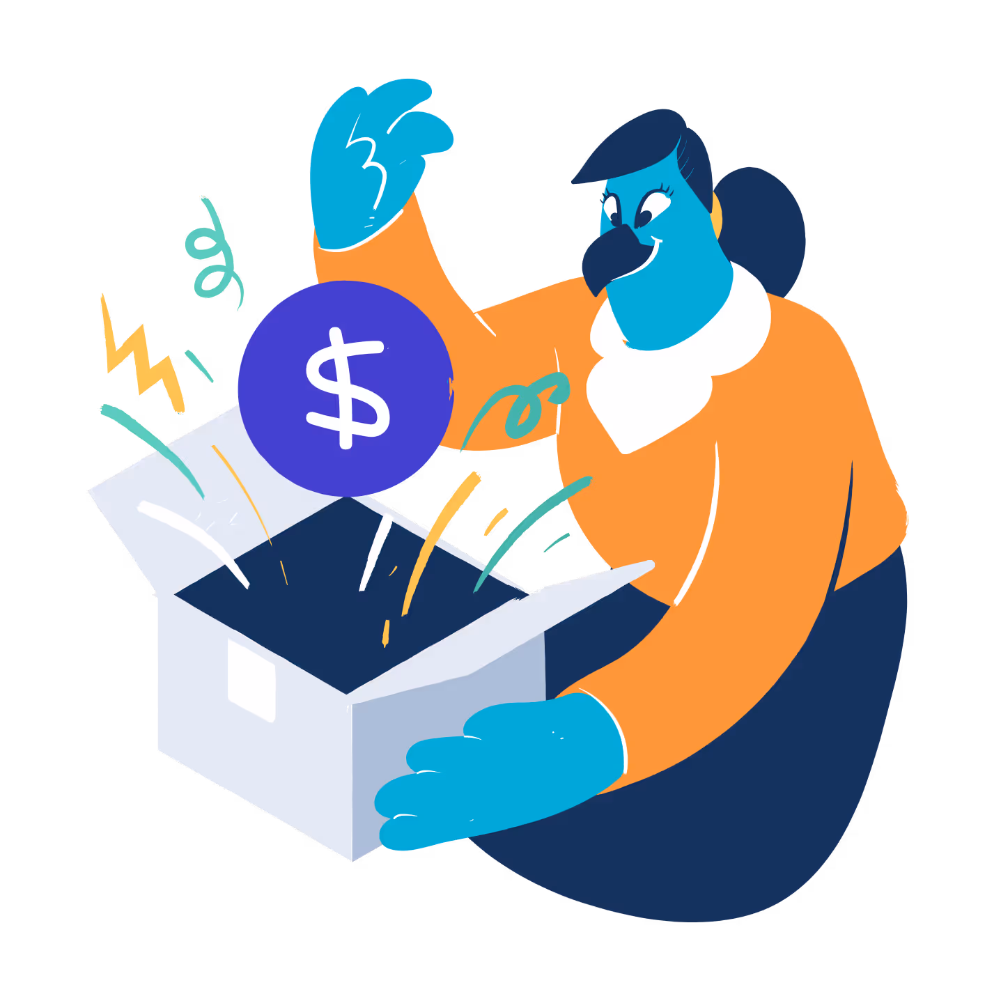 A cute Budgie-branded illustration of a animalistic human bird, unboxing savings!