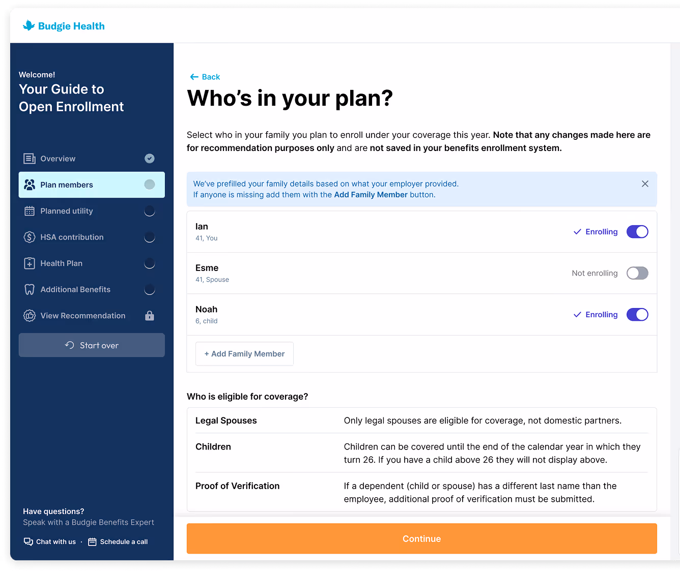 Who's in your plan example page via the Budgie Health platform.