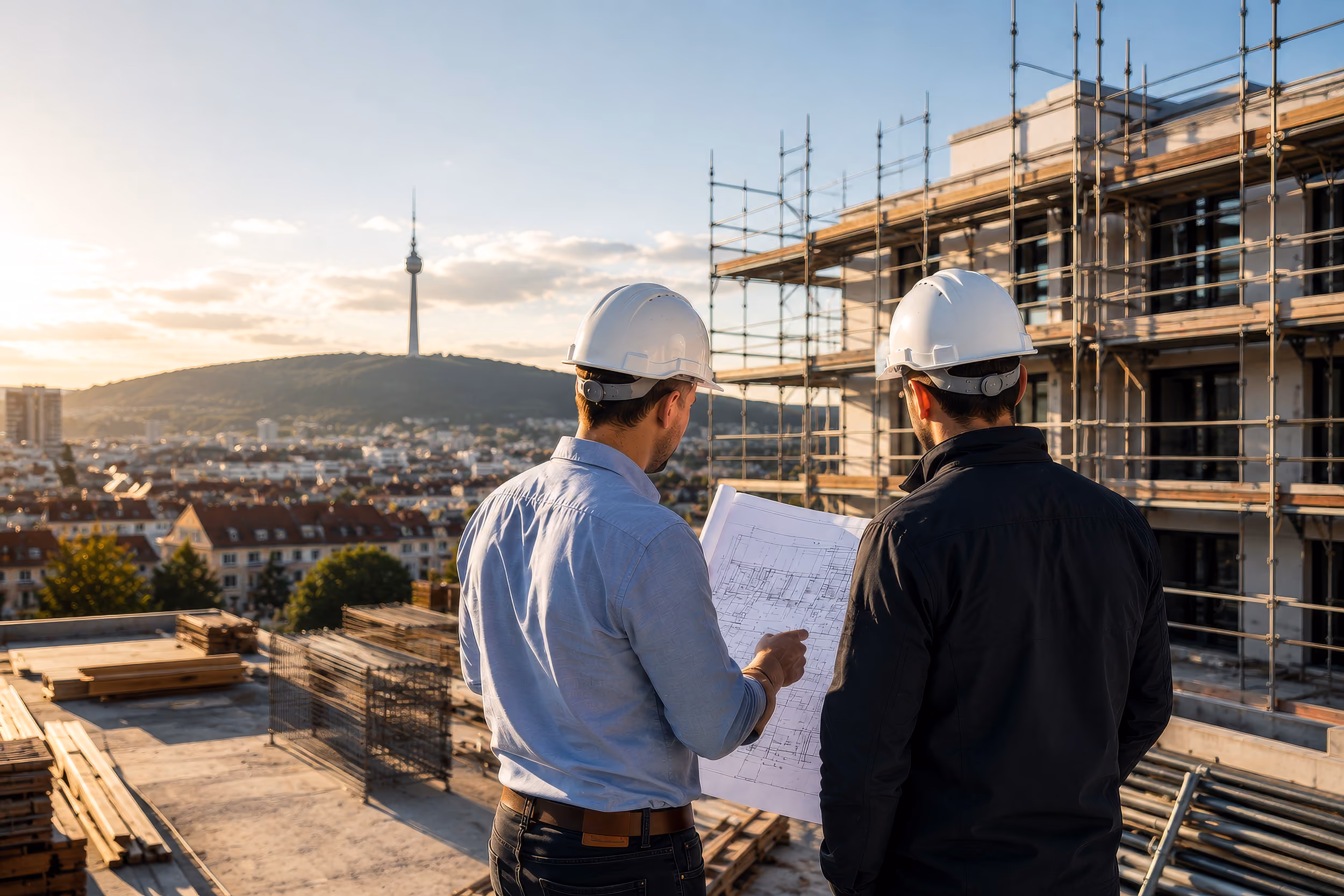Generalunternehmer in Stuttgart bei der Planung eines schlüsselfertigen Bauprojekts auf einer Baustelle