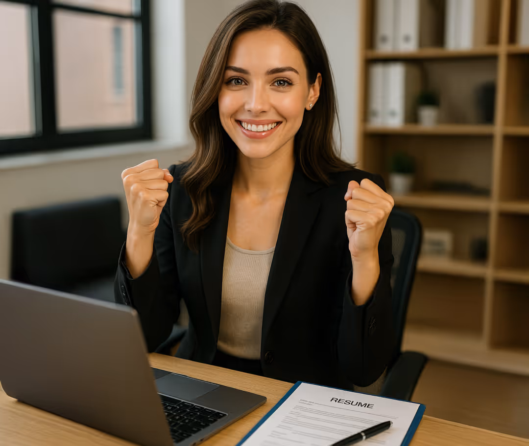 Smiling woman in a black blazer sitting at a desk with a laptop and a resume, raising her fists in celebration indoors.